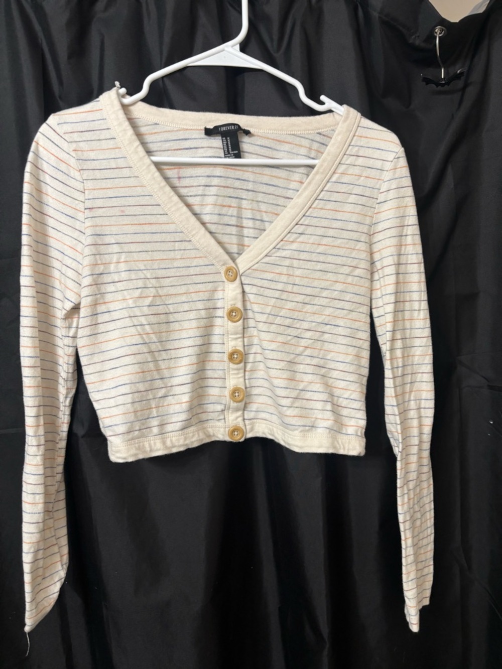 Forever 21 Cream Striped Cropped Button Cardigan